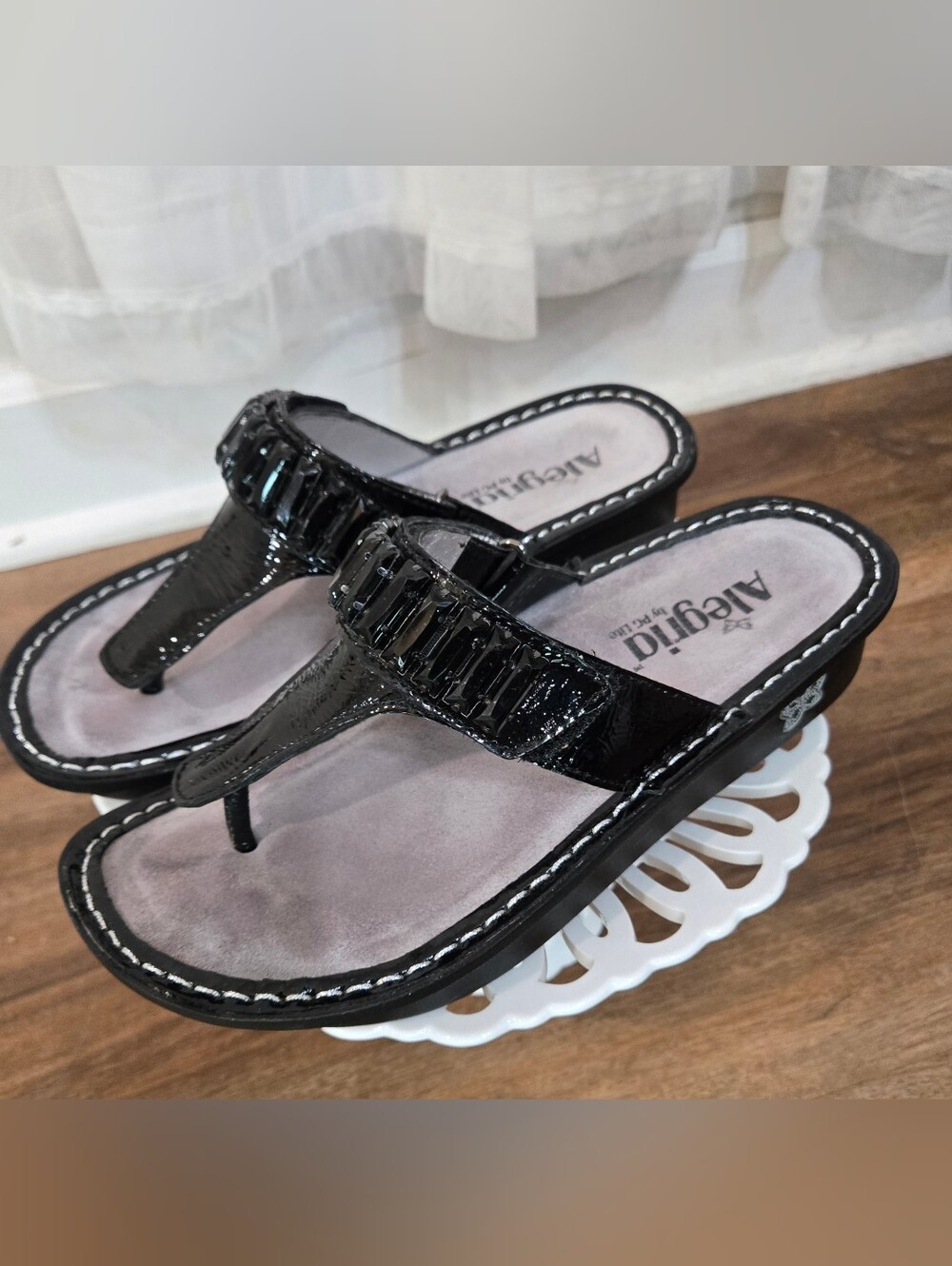 Alegria Black Patent Thong Sandals with Decorative Strap. European 37